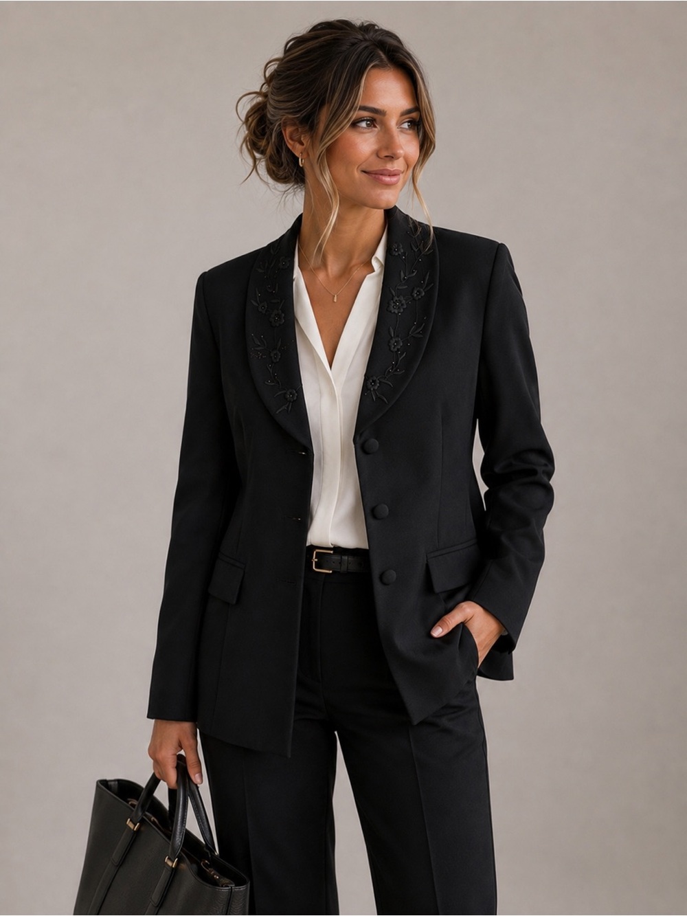 Danny & Nicole Black Embroidered Shawl Collar Blazer